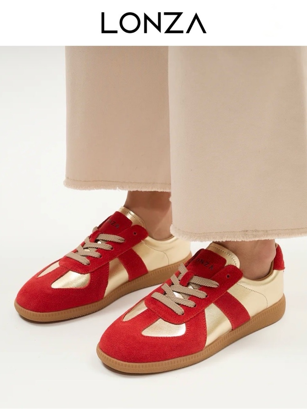 NIB [Lonza] Delta Red Metallic Gold Suede Runner Sneakers Women’s EU 39 / US 8.5 - Picture 2 of 16